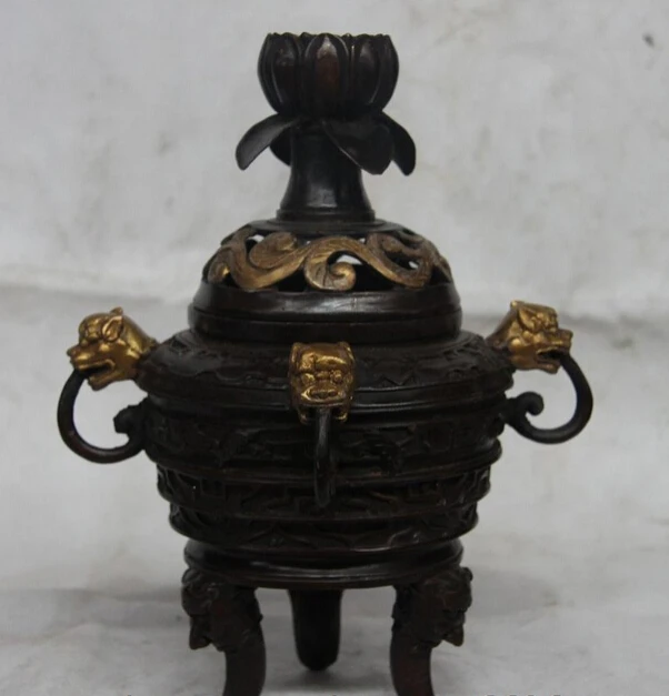 

song voge gem S1011 11 China Buddhism Bronze Copper Foo Dog Lion Head Lotus Incense Burner Censer