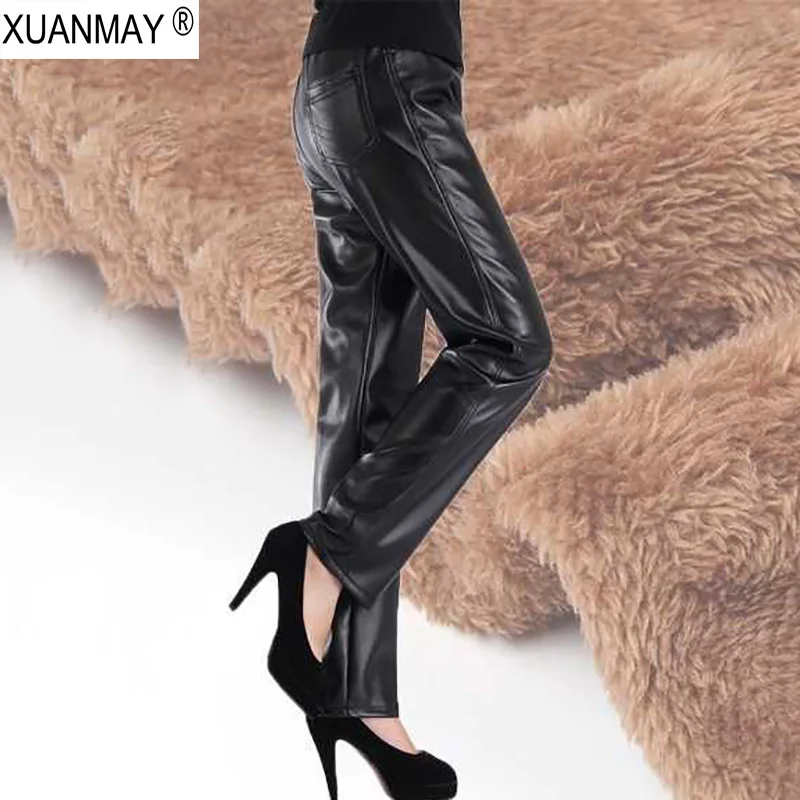 

Winter Cold padded plush Lining ladies PU Peather pants 2018 Casual faux leather ladies trousers loose Large size Autumn Pants