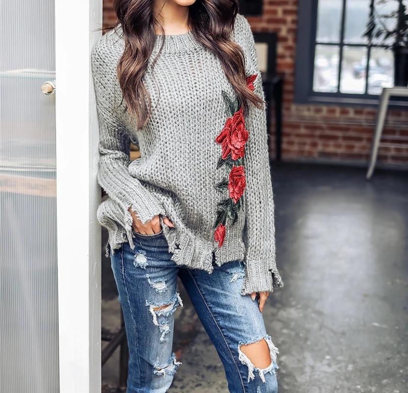 

Women Sweater 2019 Fashion Embroidery Rose Loose Hollow Irregular Pullover Ladies Elegant Vintage Grey Overwear Sweater Pullover