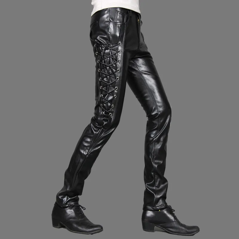 Mcikkny Men's Skinny Biker Leather Pants Fashion Faux Leather Motorcycle Trousers For Male Stage Club Wear  (6)