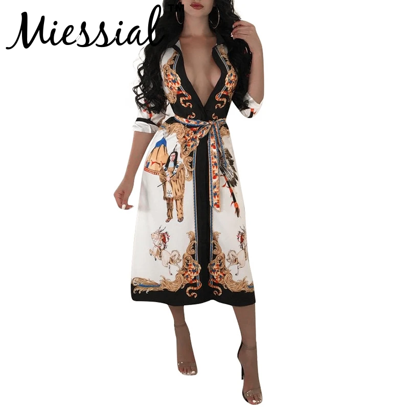 

Miessial Ethnic print deep v neck elegant Dress women long sleeve shirt dress Spring sexy white luxury midi dress vestidos robe