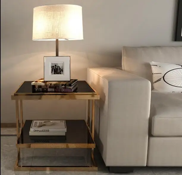 Simple modern sofa corner. Metal tempered glass multi-layer white edge table. Small tea table.. Simple modern sofa corner. Metal tempered glass multi-layer white edge table. Small tea table..