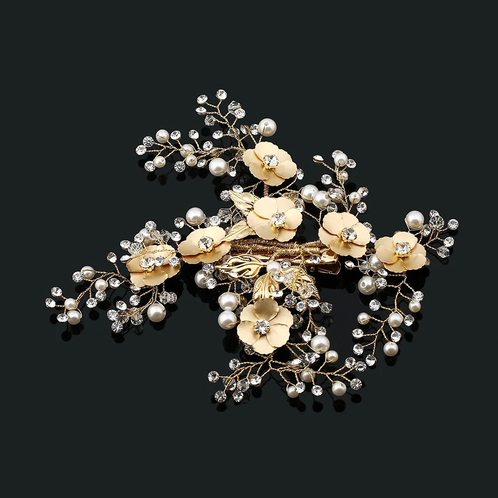 2017 New Arrival Elegant Handmade Golden Crystal Pearls Flower Leaf font b Wedding b font Hair
