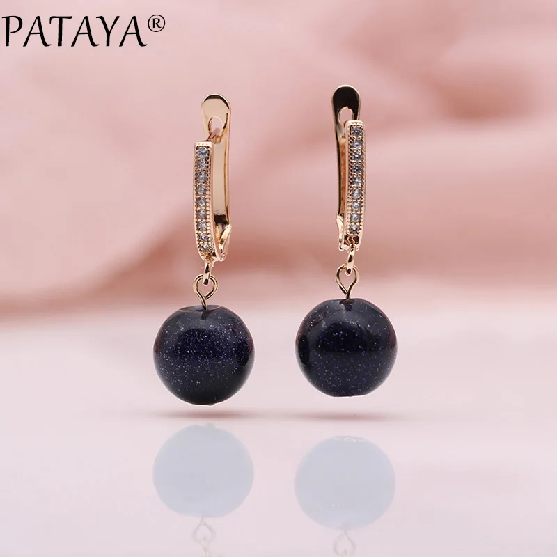 

PATAYA New Spherical Natural Stone Earring 585 Rose Gold Zircon Long Dangle Earrings Women Fashion Wedding Fine Noble Jewelry