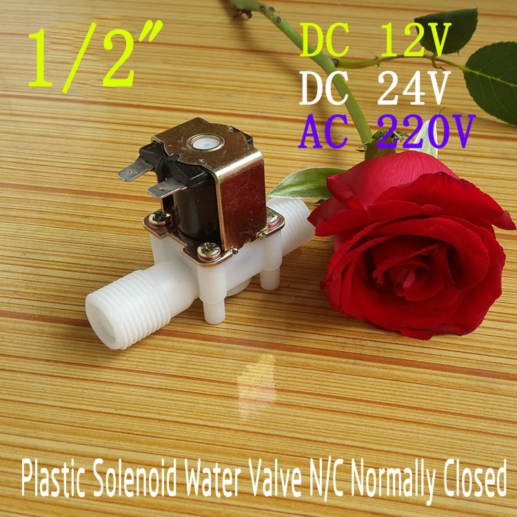 

Plastic Electric 12V 24V 220V Water Solenoid Valve DC 1/2" N/C Normally Closed Inlet Flow Control DC/AC