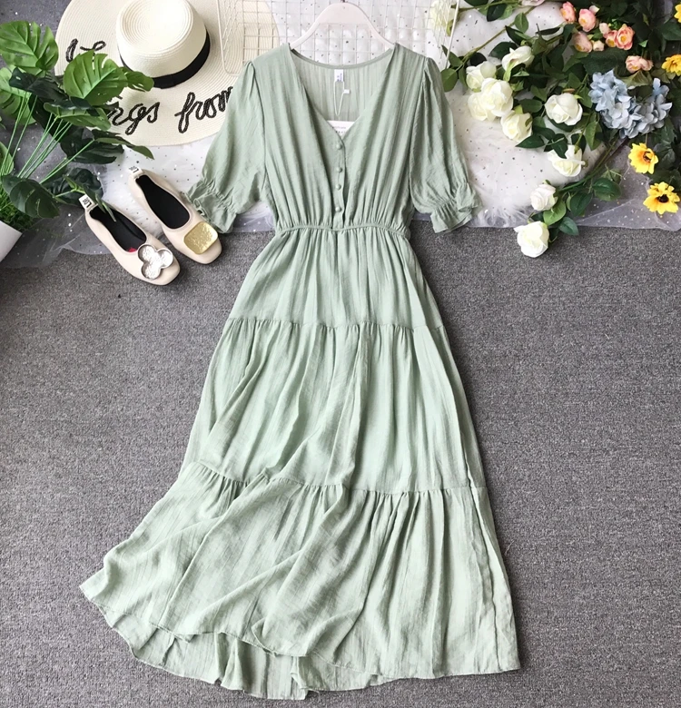 

Pretty High Waist Long V Collar Dress Women 2019 New Pleated Solid Color Elegant Vestidos Verano F398