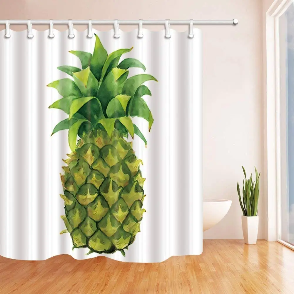 Hand Drawn Tropical Exotic Fruit Shower Curtain Watercolor Pineapple in White Polyester Fabric
