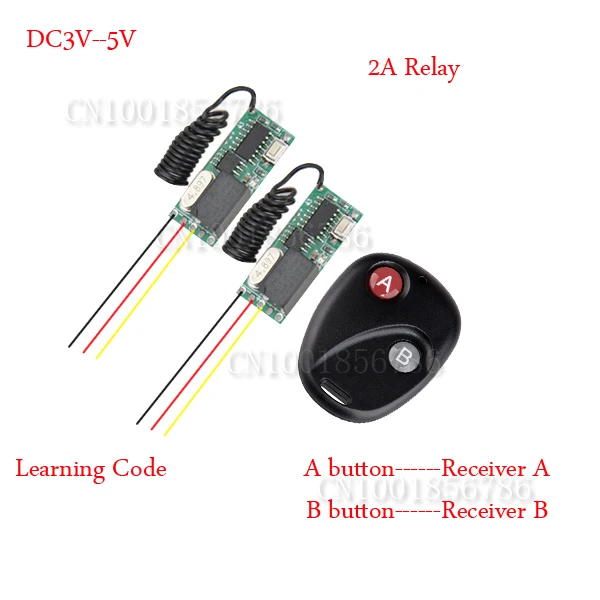 

Mini Remote Control Switch System Micro DC3V-5V 2A Relay 2*Receiver Transmitter Momentary Toggle Latched Learn 315/433