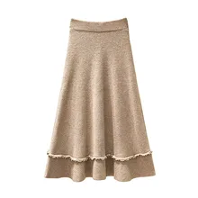 Женская трикотажная юбка на осень и зиму, Женская юбка с оборками с завышенной талией, Модная элегантная юбка миди для отдыха, однотонная