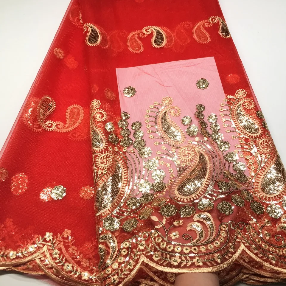 

2017 Latest Nigerian Lace Fabrics Wedding Red Sequin Fabric New Dresses High Quality African Cord Lace Material For Women M19401