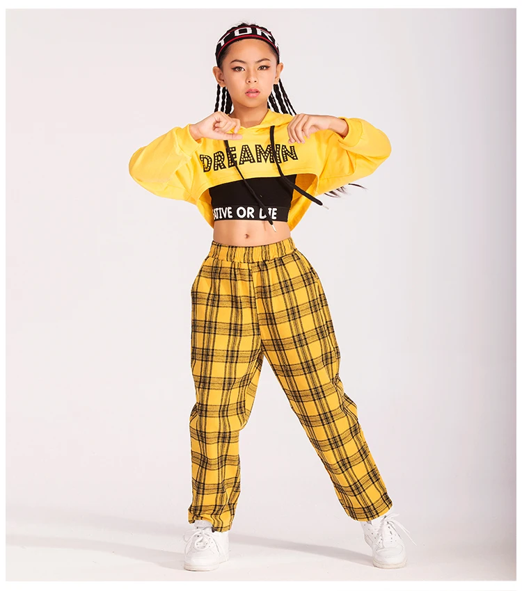 Костюм для джазовых танцев для девочек, желтая куртка с капюшоном в стиле хип-хоп, свободная Одежда для танцев