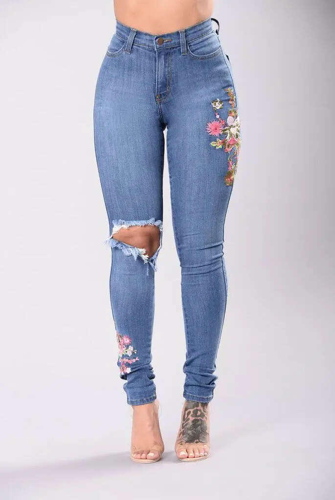 

Hot Sexy Skinny Jeans Women Streetwear Ripped Embroidery Fashion High-Waist Jeans Washed Blue Denim Slim Fit Butt Lift Jeans