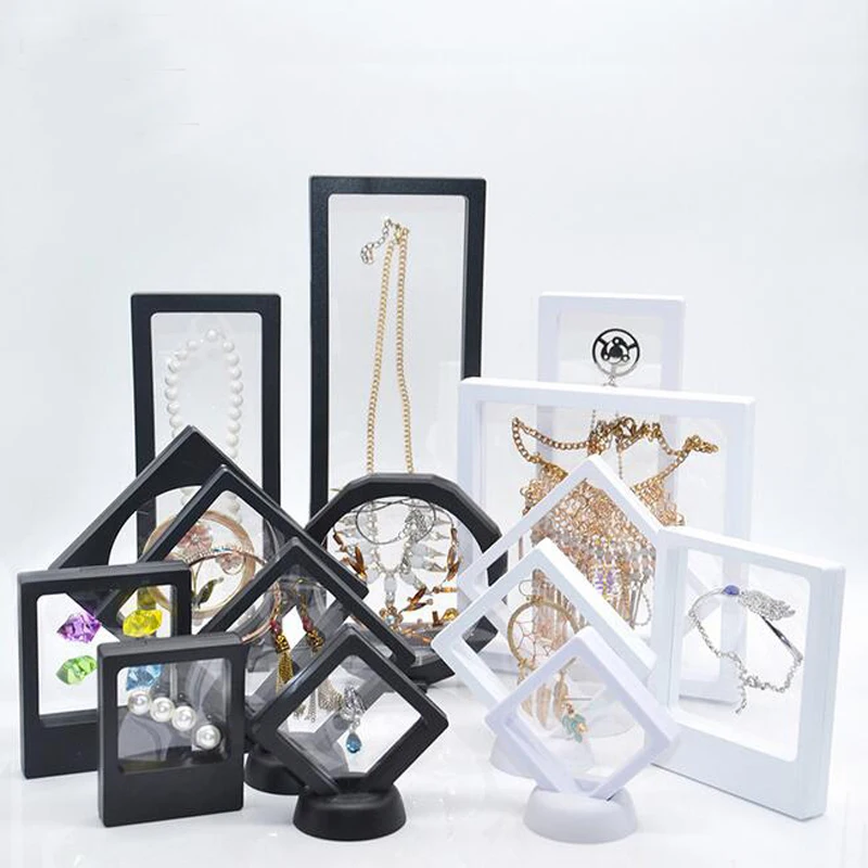 New PET Membrane Jewelry Ring Necklace Display Holder Gift Packaging Box Protect Jewellery Stone Floating Presentation Organizer 3d floating picture frame shadow jewelry box display stand ring pendant holder protect pe film jewelry stone presentation case