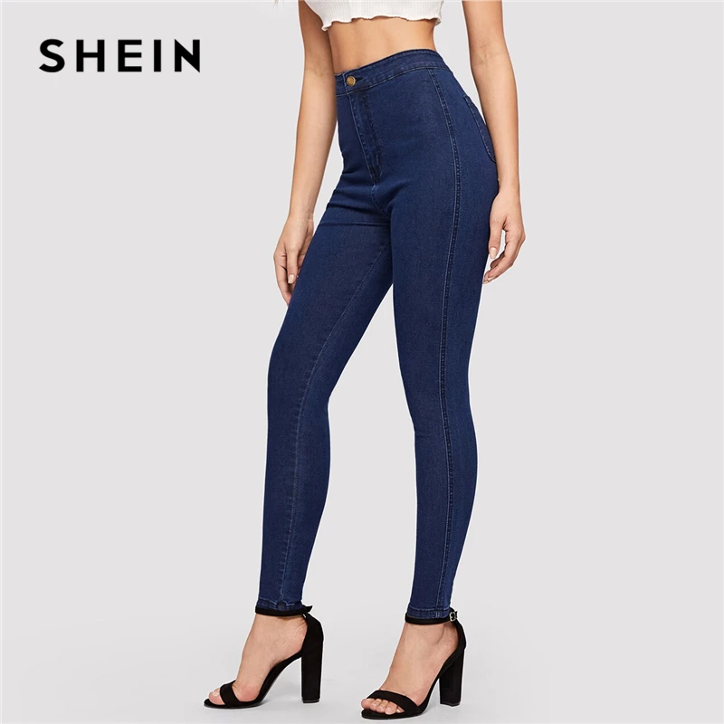Однотонные обтягивающие джинсы SHEIN весна осень 2019 узкие эластичные синие темно