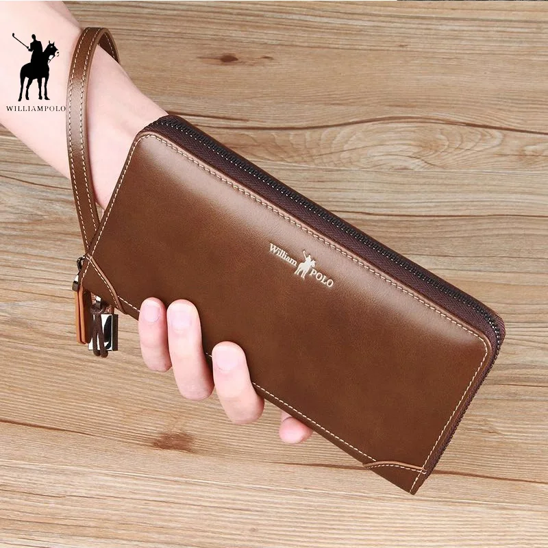 

WILLIAMPOLO Vintage Long Wallet Men Genuine Leather Clutch Wallet Hand Strap Purse For Male Cowhide Clutches Gift Box