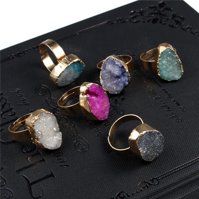 

GEOMEE European Crystal Natural Stone Ring for Women Men Irregular Teardrop Water Drop Drusy Druzy Rings Woman Jewelry R3