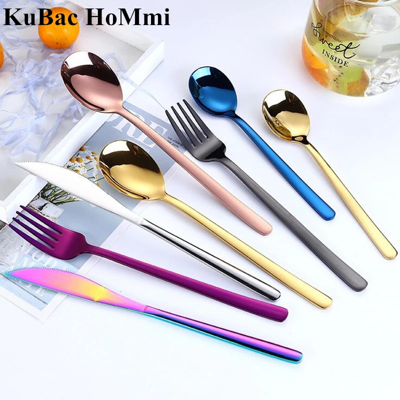 

KuBac Hommi 24Pcs Shiny Rainbow Dinnerware Set Stainless Steel Smooth Gold Cutlery Set Mirror Black Dinnerware Set Purple