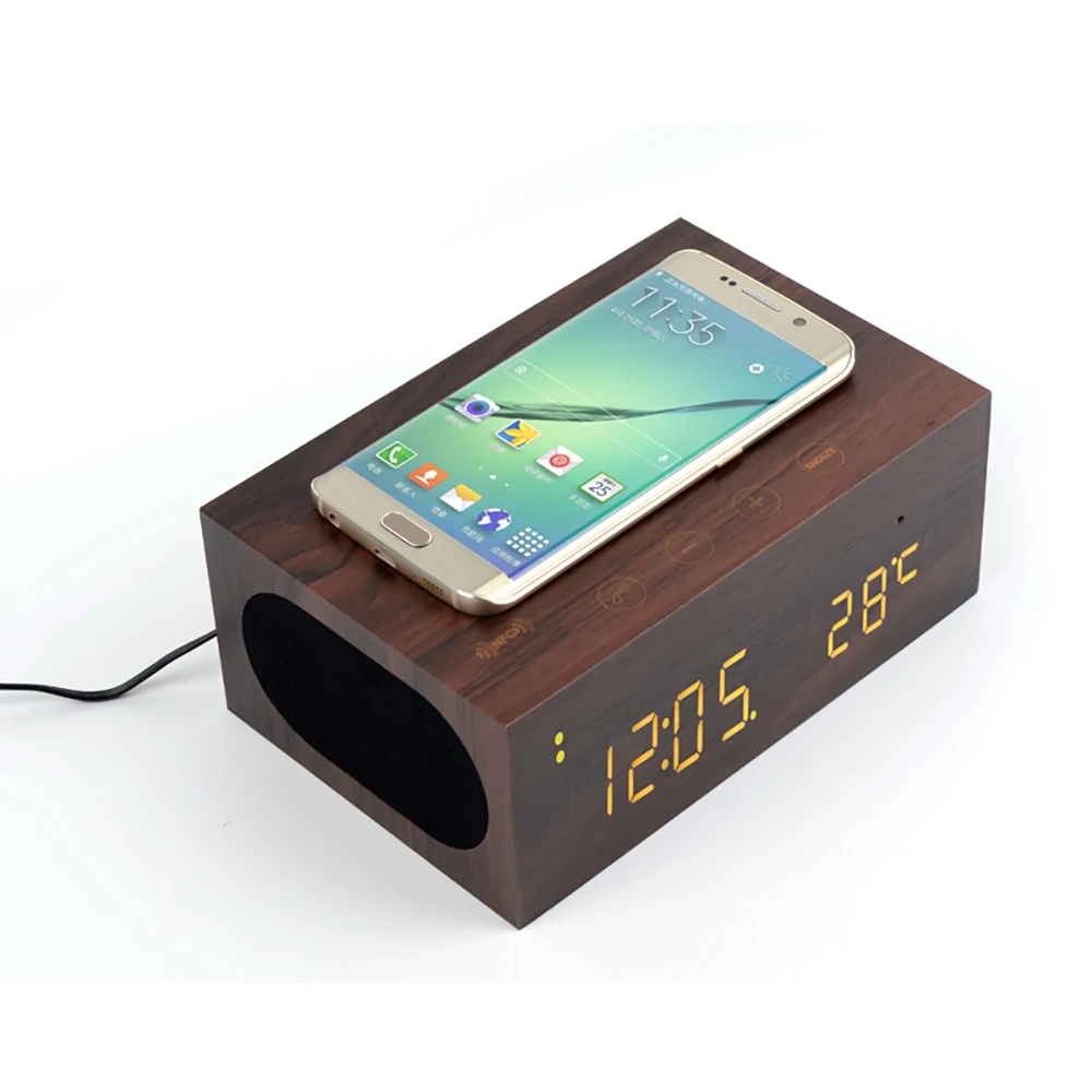 

Mobile Phone Bluetooth mini Speaker Wireless Charging Wooden Portable LED Display Touch Keys Bluetooth Speaker Wireless Charger