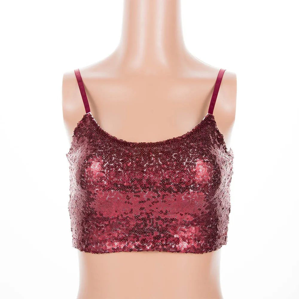 Summer Women Sexy Fashion Shiny Slim Sequins Short Tops Elastic Solid