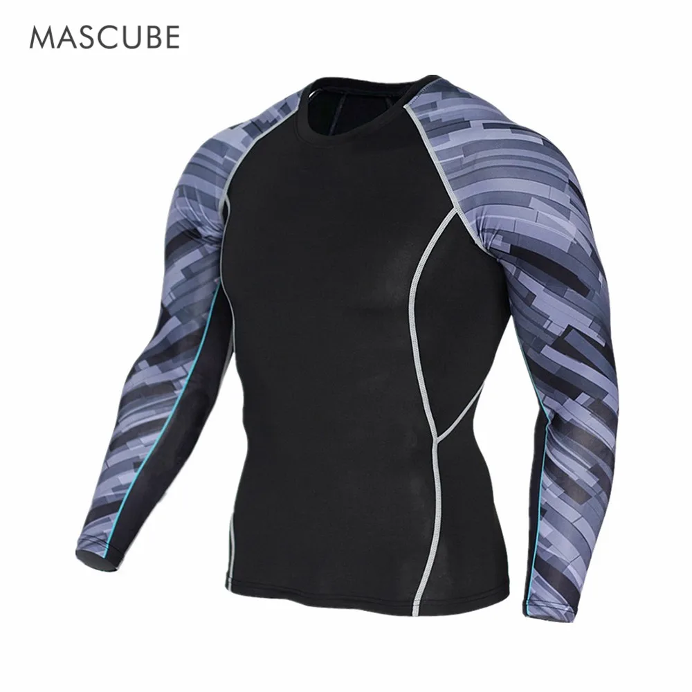 

MASCUBE Men Compression Shirts MMA Rashguard Keep Fitness Long Sleeve Base Layer Skin Tight Weight Lifting Elastic Mens T Shirts
