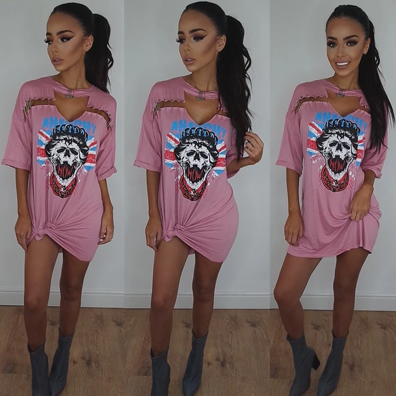 Women Sexy V-neck Punk Long T Shirt Tops 2017 New Style Skeleton Pin Street Rock T-shirt Casual Tshirt Tumblr