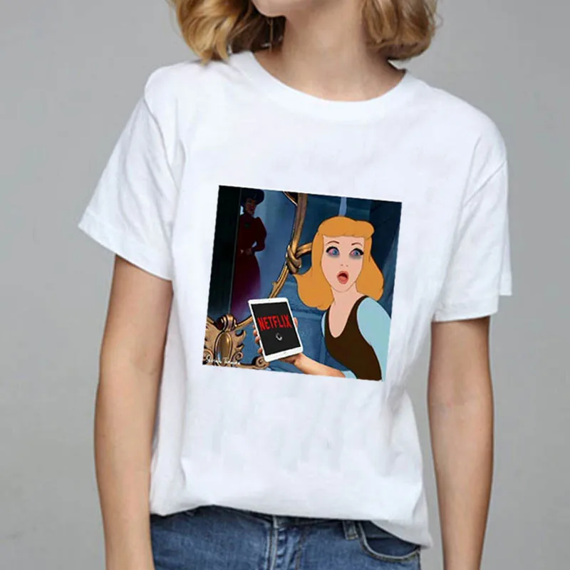 

2019 Spring Women Princess Print Button You Punk Design short Sleeve Shirt Top Chiffon Blouse Female Work Wear Blouse Plus Size