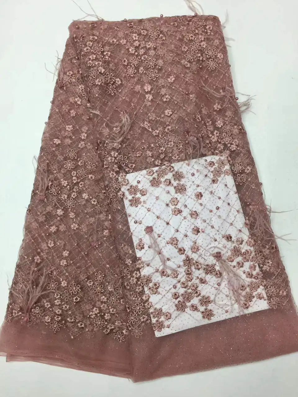 

feather Fabric 2018 African Lace Fabric With Beaded High Quality 3D Flower Embroidery Nigerian Lace Fabrics For Wedding