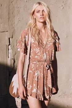 

2020 Bohemian Vacation Style Women's Printing Jumpsuits Regular Floral V-neck Summer Playsuits Stretch Waist Lace Chic Bodysuits