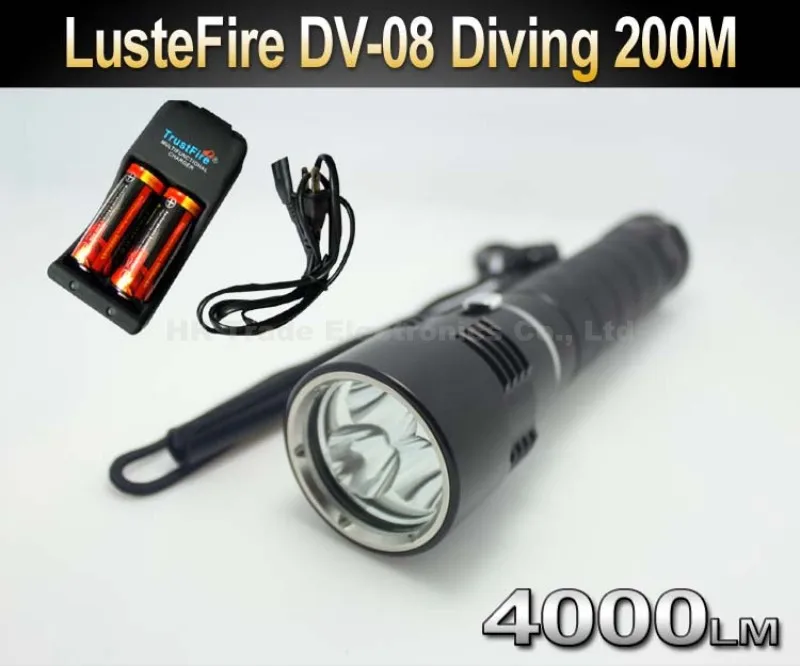 LusteFire DV-08 Профессиональный Дайвинг Источник света: 3 светодиода Cree U2 светодиодный 4000 люмен 200 м Дайвинг фонарик Фонарь+ 2x26650 батарея+ Зарядное устройство