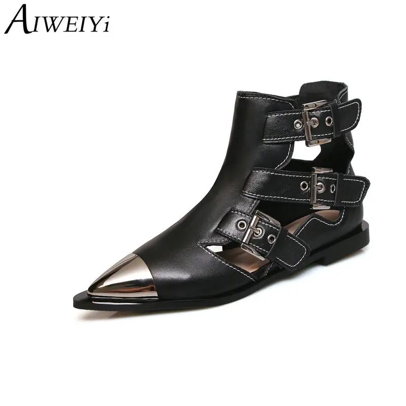 

AIWEIYi Women Cow Leather Summer Boots Metal toe Pointed toe Ankle Boots Black White Cutout Buckle Strap Summer Sandals