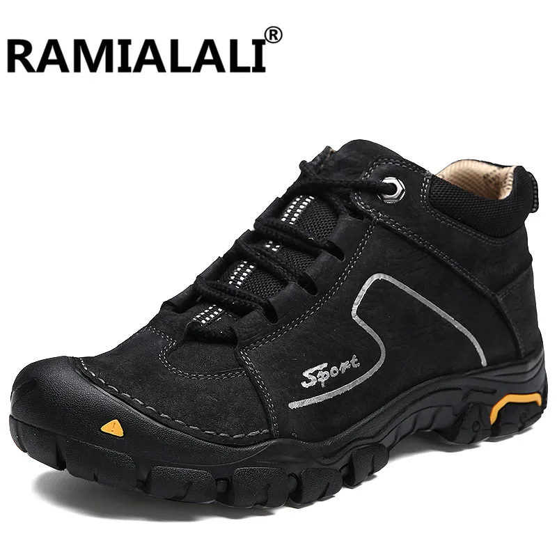 

Genuine Leather Men's Winter Sneakers Plush Ankle Boots Outdoor High Top Cotton Boots Hiking Shoes Men Mountain Sneaker Shoes