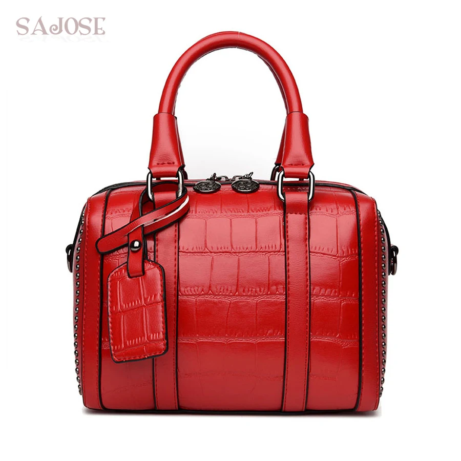

SAJOSE Female Hand Bag Crocodile pattern Rivet Designer Messenger Shoulder Tote Bags Woman's Fashion Lady Leather Handbags Women