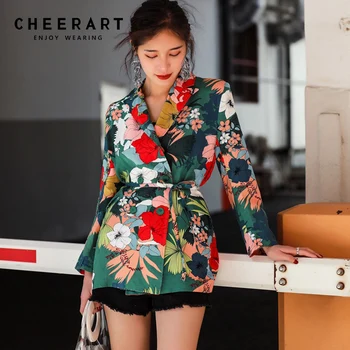 

Cheerart Floral Blazer Women Spring Flower Print Blazer And Jackets Ladies Slim Lace Up Korean Blazer Coat Streetwear