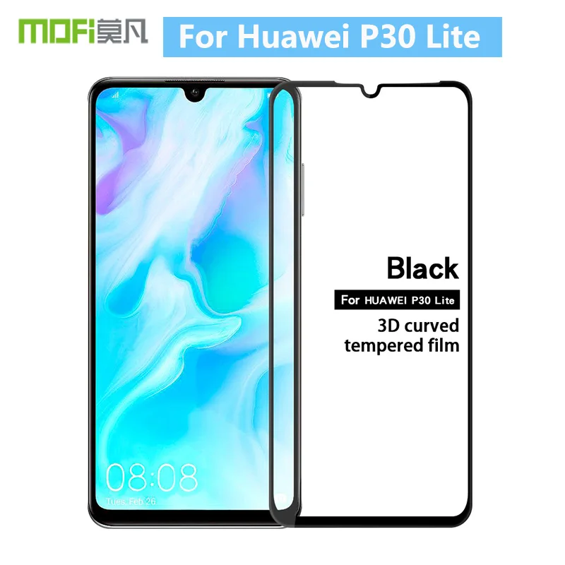 Черный Huawei P30 Lite MOFI Высокое качество 9 H 3D изогнутые закаленное Стекло плёнка полностью покрывающая Экран протектор для huawei P30 Lite - Цвет: Черный