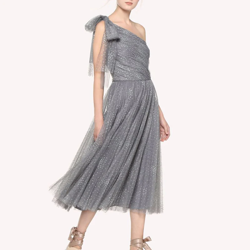 

HIGH Street Newest Fashion 2019 Designer Draped Dress Women's Sweet Dot Bow Lacing One-Shoulder Formal Party Pleated Dress