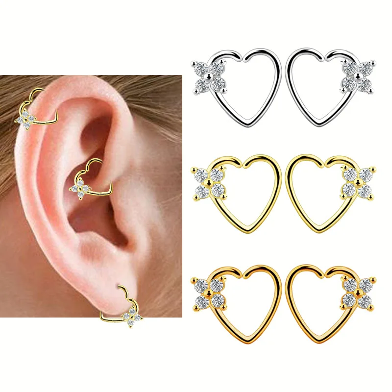 2PCS Elegant Cartilage Earrings Multi-use Heart Ear Plugs Zircon Crystal Fashion Body Piercing Jewelry For Women Anti-allergic 00