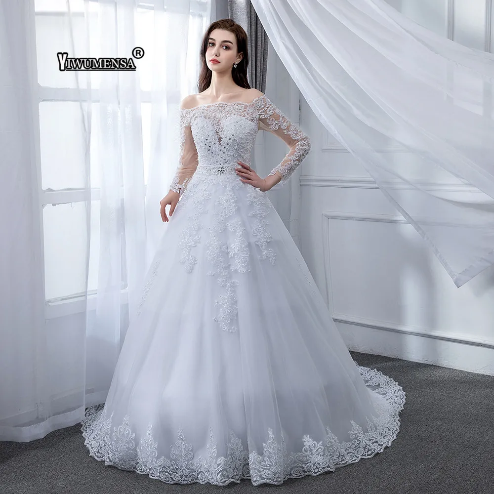 

Vestido De Novias Ball Gown 2 in 1 Wedding Dress 2019 Detachable train Appliques Pearls Bridal Gowns With Nude Tulle Sleeves