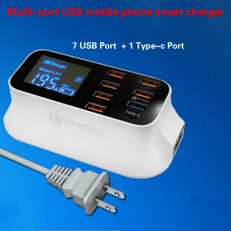 QC3.0 TYPE-C Smart LED Display 8 USB USB-C port Mobile Charger For iPhone Samsung Huawei Xiaomi AC Adapter EU US UK AU Plug
