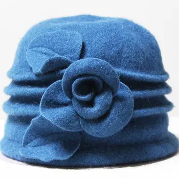 

Elegant women's cloche bowler hats 100% wool felt derby hat with flower,blue red khaki grey black hot pink