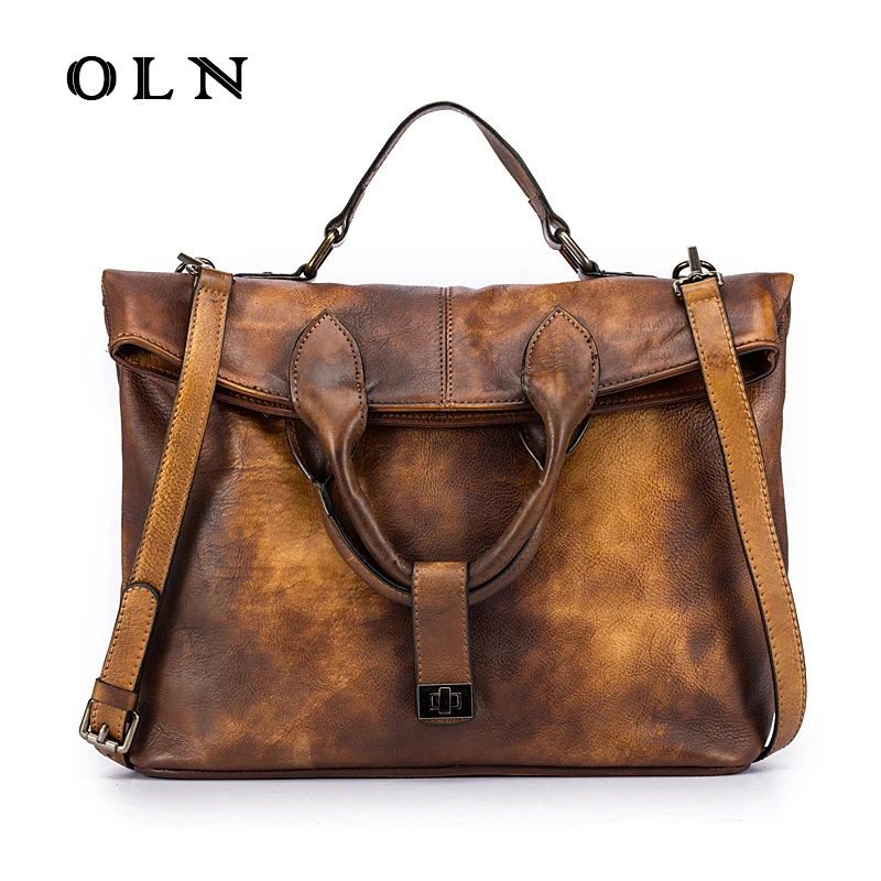 OLN Original Designer Brand New Vintage Genuine Cow Leather Soft Cowhide Women's Handbags Satchel Totes Crossbody messenger bags original designer brand vintage women s genuine cow leather handbags color panelled small flap totes crossbody messenger bags