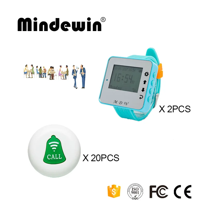 

Mindewin 433Mhz Wireless Calling System 20PCS Table Call Buttons M-K-1 + 2PCS Wrist Watch Pager M-W-1 Restaurant Coaster Pager