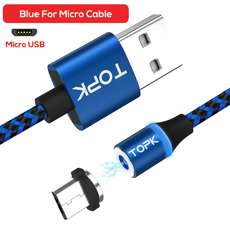 TOPK R-Line3 Магнитный кабель Micro USB, нейлоновый плетеный кабель для мобильного телефона, светодиодный кабель для зарядки Micro USB - Цвет: 1 Blue Cable 1 Tip