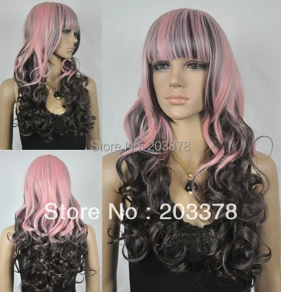 New Fashion Lady's Long Pink and brown mix Synthetic Hair Wig 10pcs/lot