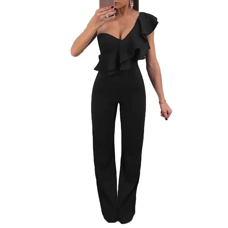 

Adogirl Sexy Ruffle One Shoulder Jumpsuit Women Casual Loose High Waist Jumpsuits and Rompers Female Body Slim Office Jumpsuit