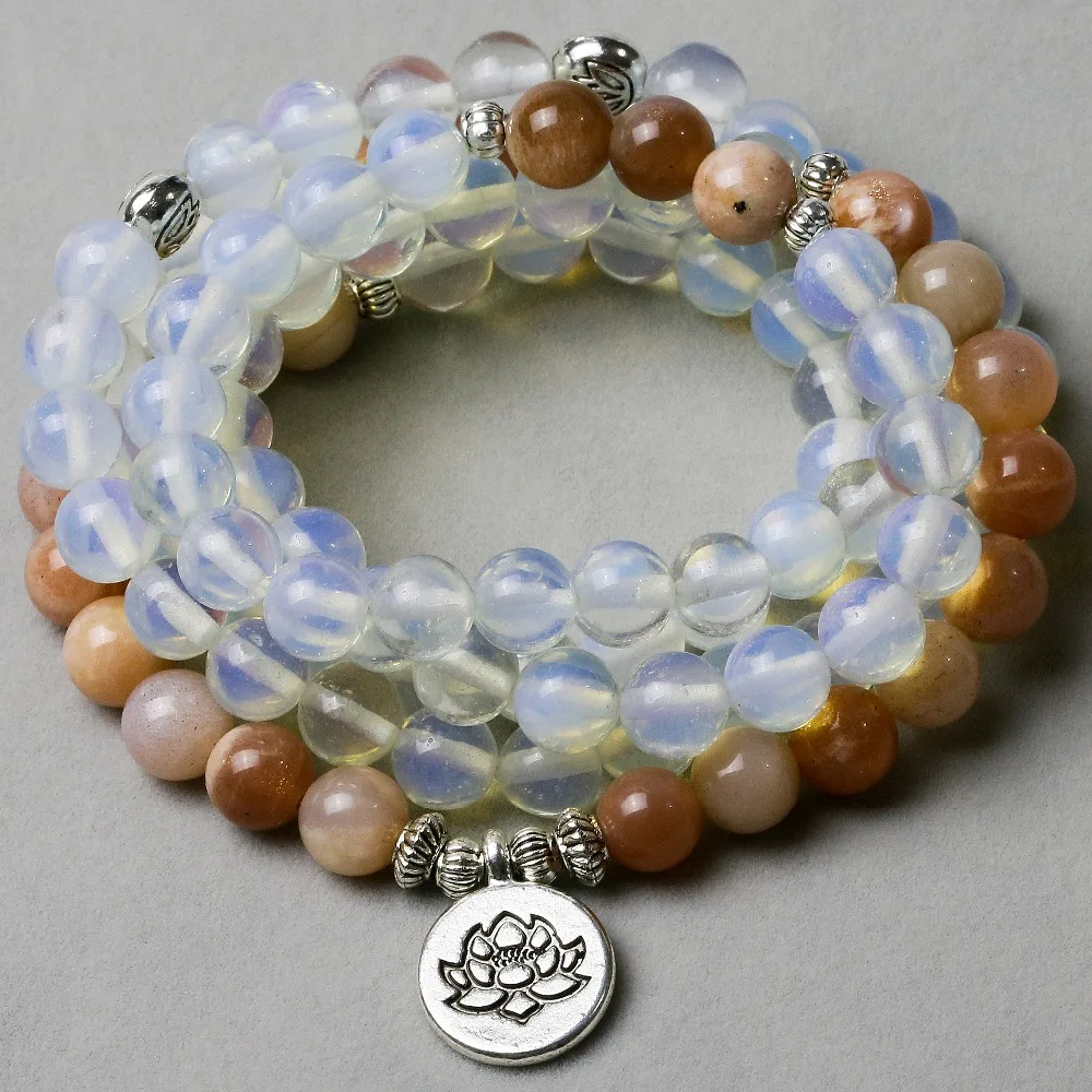 Natural Sun Pietra Con white Opal Perline Per Le Donne Meditativa Yogi Braccialetto 108 Mala Equilibrio di Loto delle Donne Dei Monili di Fascino