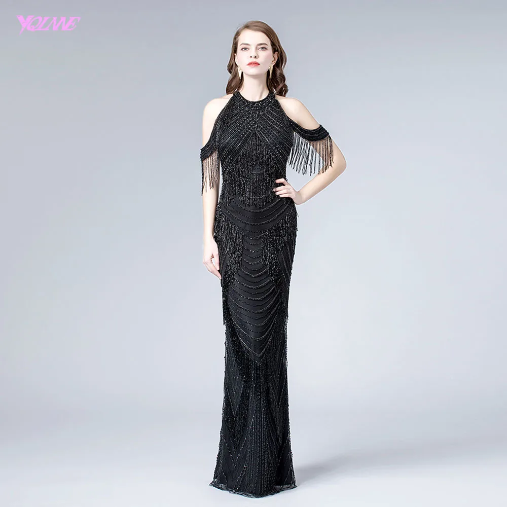 

YQLNNE 2019 Black Crystal Tassel Evening Dress Long Halter Beading Evening Gown Vestido De Festa