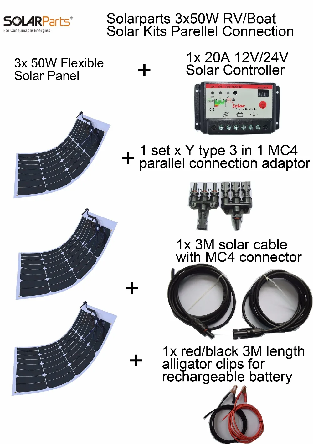 Solarparts 12V 3x50W DIY RV/Marine/yard Solar System Kits 50W flexible