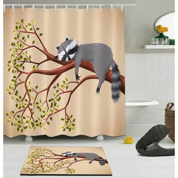

LB Funny Cartoon Nature Fox on the Tree Shower Curtain And Mat Set Waterproof Polyester Bathroom Fabric For Kids' Bathtub Decor