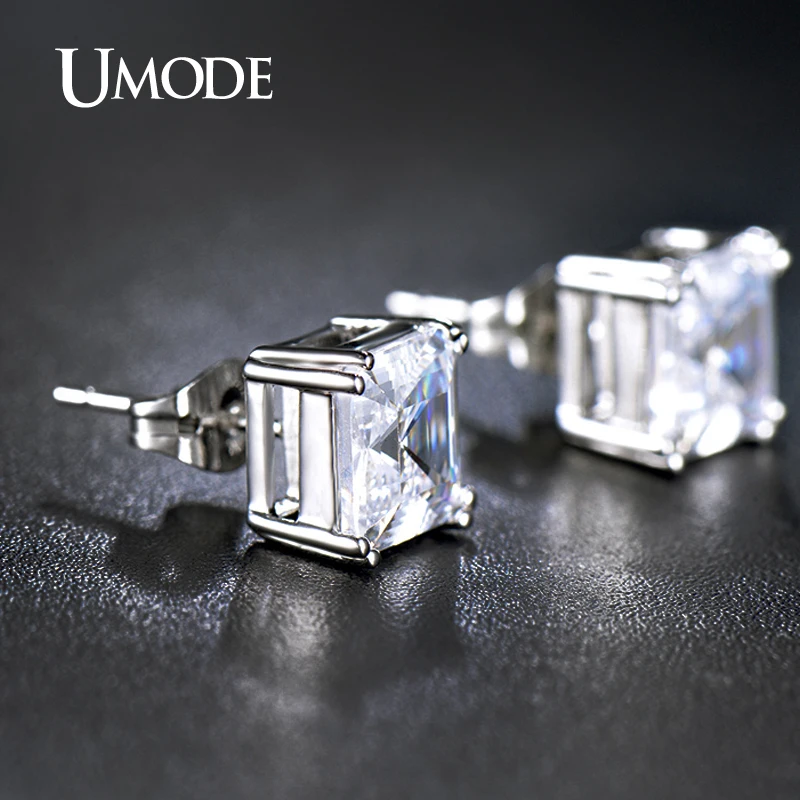 UMODE Brand New Bijoux Femme White Gold Color 8mm 2.5ct Asscher Cut CZ Simulated Post Stud Earrings For Women Jewelry AUE0187B