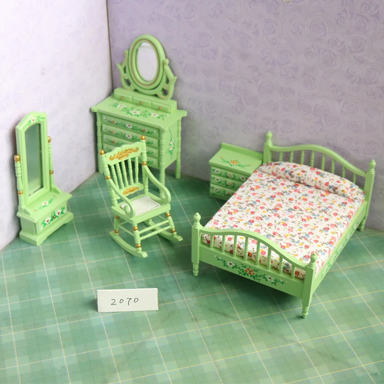 A02-X023 الأطفال طفل هدية لعبة 1:12 دمية مصغرة الأثاث مصغرة rement خشبية الأخضر نوم مجموعة